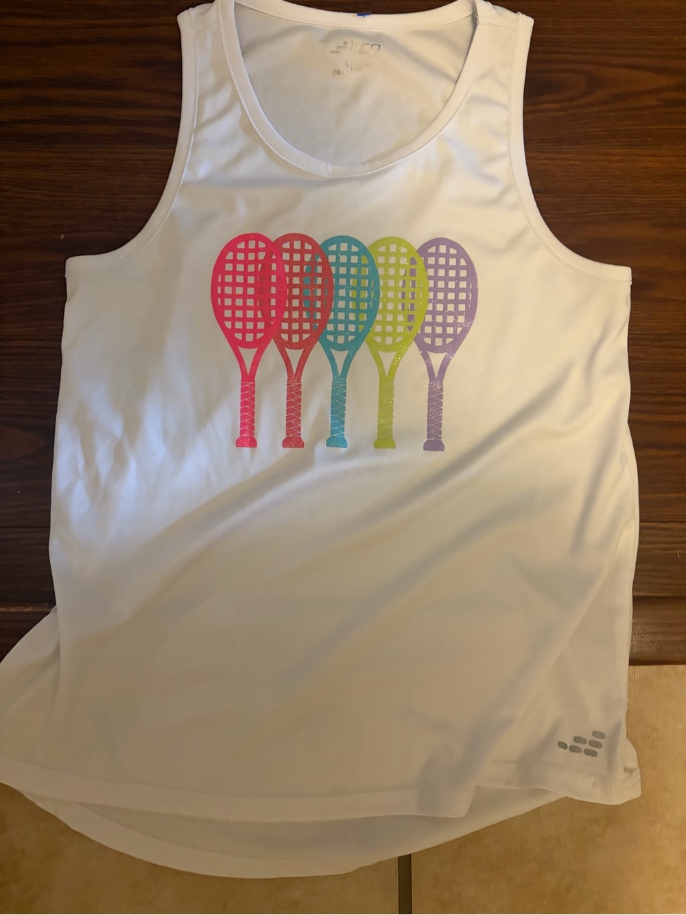 Girls' Bcg White Tennis athletic Tank with Multicolor Racket Print